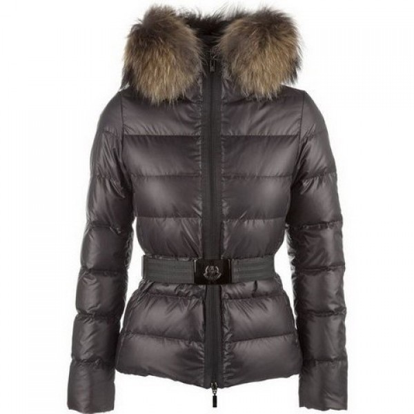 Moncler marrone collo di pelliccia e cinturino sottile lungo cappotto donna uscita